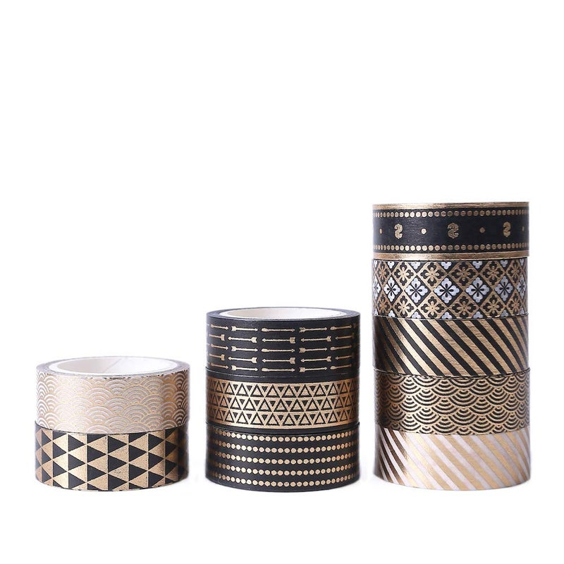 YUBBAEX 10 Rolls Washi Tape Set Black Gold Foil Print Decorative Tapes for Arts, DIY Crafts, Bullet Journals, Planners, Scrapbook, Wrapping (15mm) (Black Gold x 10 Rolls) - Image 4